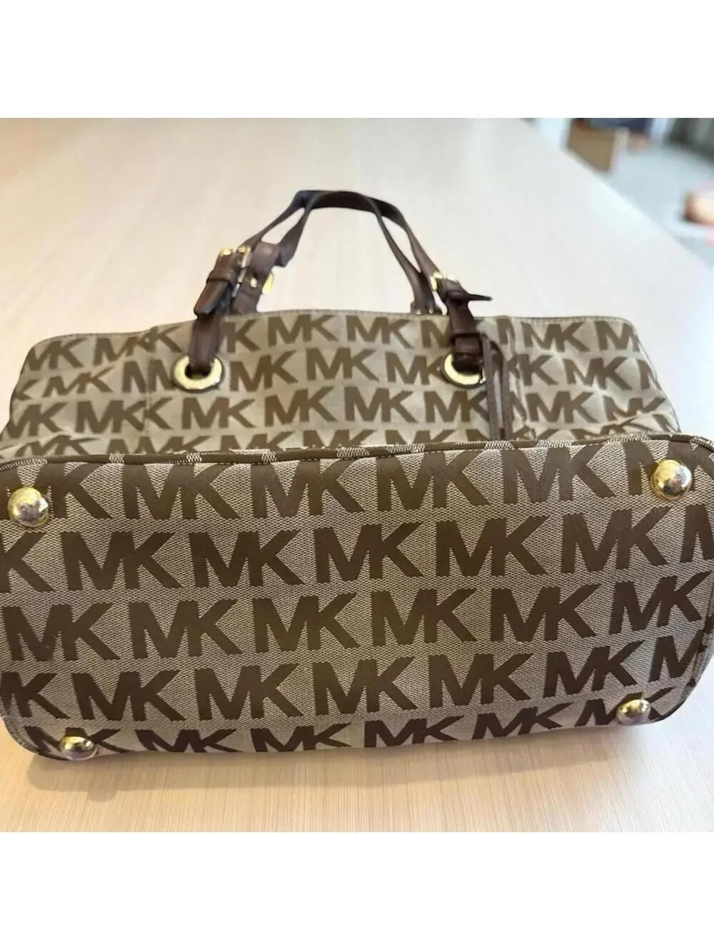 Michael Kors Tote Bag Canvas East West Jacquard Classic Business Gold Fob